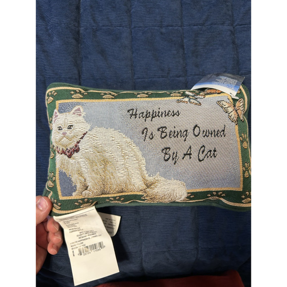 Vintage Cat Tapestry Pillow Happiness Is Being Owned By A Cat 11X8 New Cottage - Picture 1 of 8